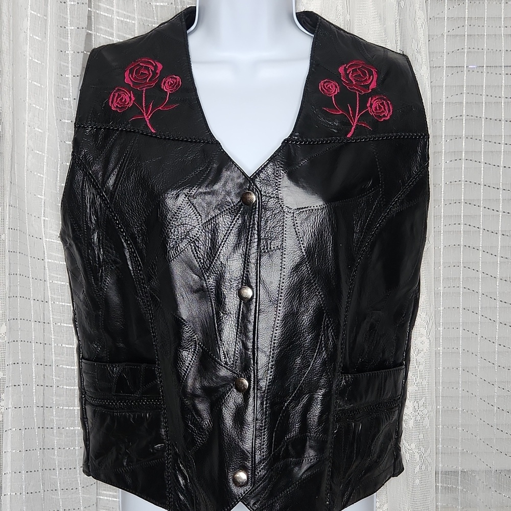 BLACK EMBROIDERED Pink ROSES BUFFALO LEATHER WOMENS Biker VEST SzS